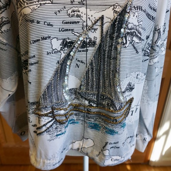 💚 VINTAGE BONNIE BOERER & CO. Beaded Boat/Map Top (M) - Picture 7 of 15